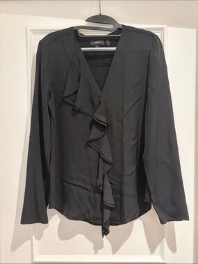 Theory Black Ruffle-Trim V-Neck Long Sleeve Blouse 100% silk